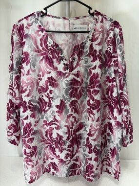 Alfred Dunner White Tunic with Pink and Gray Floral Design 2998